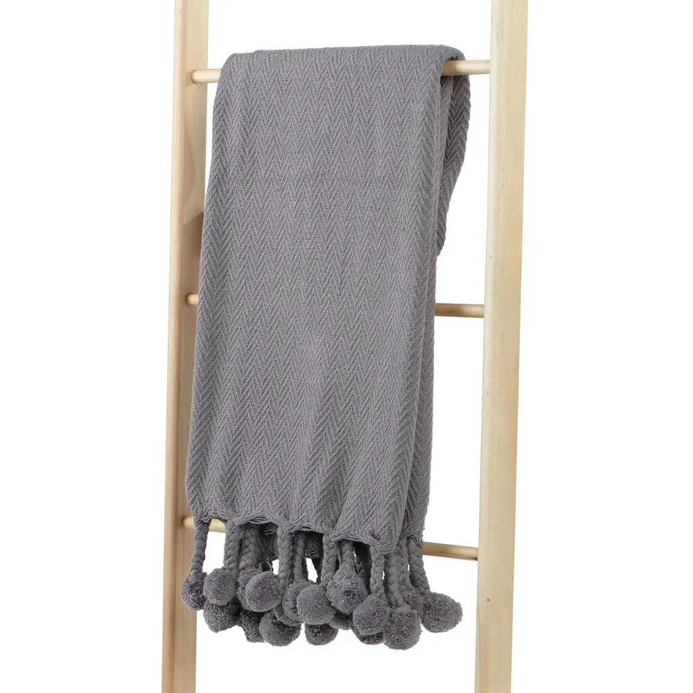 Creative Co-Op Grey Woven Cotton Pom Pom Throw/NWT